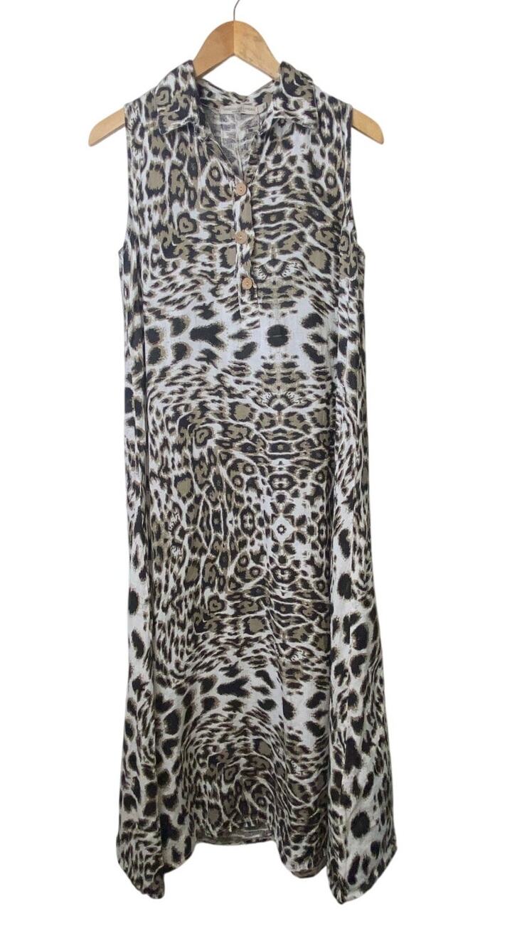 Vanessa Alexandra Made in Italy Linen Animal Print Sleeveless Maxi Dress Medium
